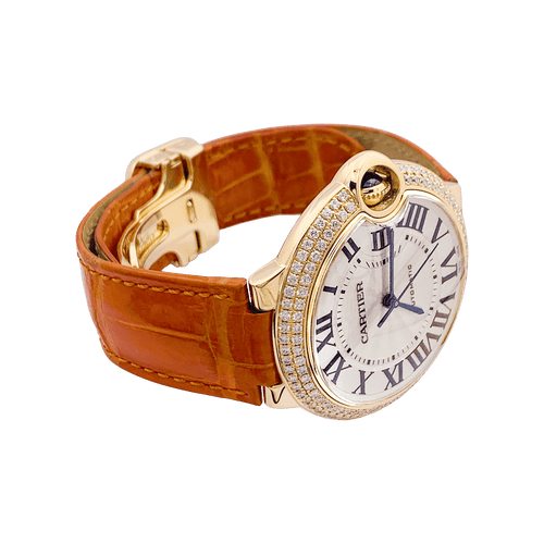 Montre Montre Cartier "Ballon Bleu" or jaune, diamants, cuir. 58 Facettes 34434