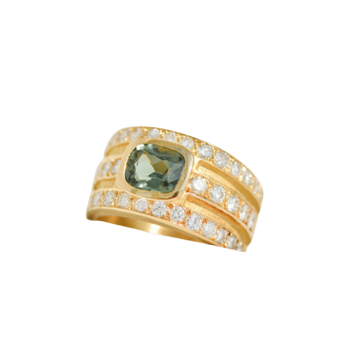 Luksuriøs ring i gult guld med diamanter og turmalin 