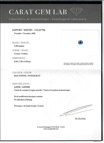 Bague 55 Bague en or gris sertie d'un saphir Ceylan non-chauffé taille coussin de 3,80 carats 58 Facettes 227498