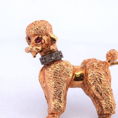 Broche Spilla vintage barboncino en or jaune 18 kt avec rubis et diamants 58 Facettes