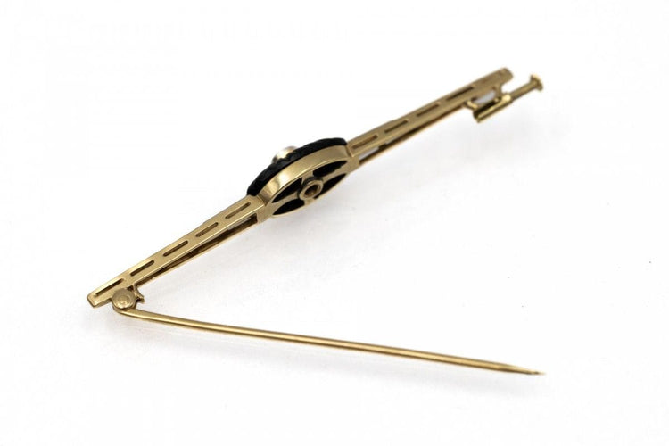 Broche Broche Art Deco oblonga en oro amarillo de 14k, ónix y diamante 58 Facettes 11845