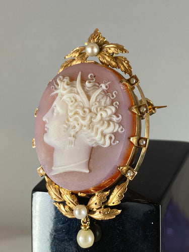 Pendentif Broche/pendentif camée en agate, perles fines 58 Facettes AB40