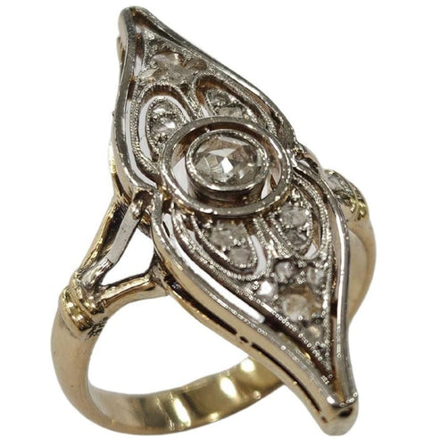 Bague 51 Bague navette Art déco diamants taille rose et hollandaise en or jaune et platine 58 Facettes E43