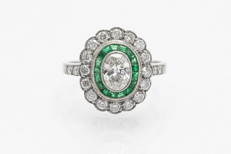 Bague 52 Exclusive platinum ring, 1.00ct diamonds, emeralds, mid-20th century 58 Facettes 11080