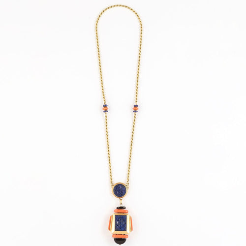 Collier Atelier Georges Lenfant - Exceptionnel Collier en or jaune lapis lazuli ,jade, nephrite, corail et onyx. 58 Facettes 58FC9