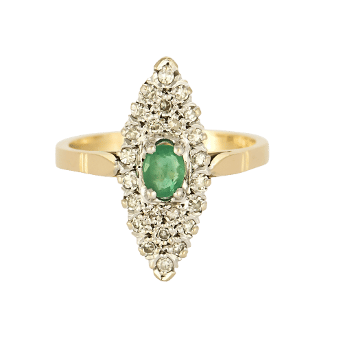 Bague 54 Bague marquise en or jaune et or blanc, émeraude et diamants 58 Facettes B250584