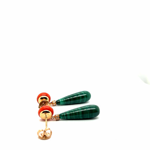 Boucles d'oreilles Boucle d'oreille en malachite, corail, diamant et or jaune 58 Facettes