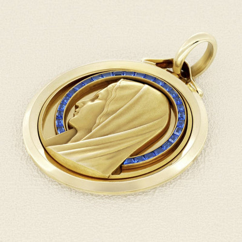 Pendentif Augis - Médaille Vierge ronde en or jaune et saphirs 58 Facettes OC-64200024