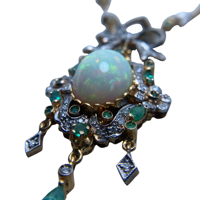 Yellow gold, silver, diamond, emerald and opal necklace