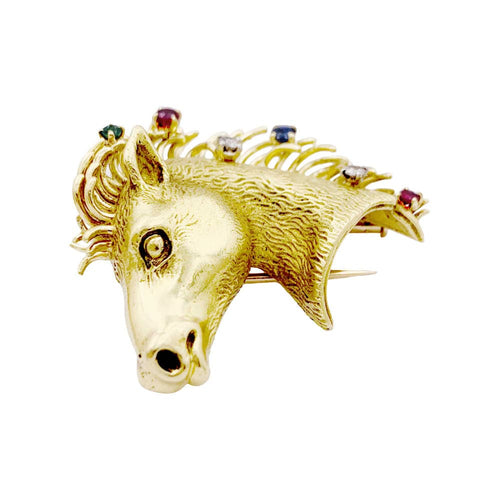 Broche Broche "protomée de cheval", or jaune, diamants, rubis, saphir et émeraude. 58 Facettes 35110