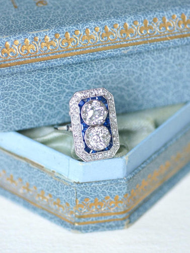 Bague 49 Art Déco - Bague rectangulaire diamants et saphirs calibrés en platine 58 Facettes