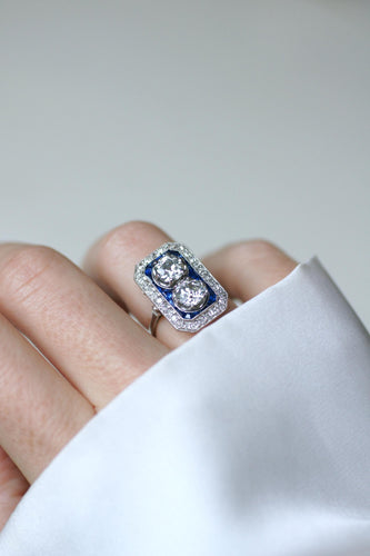 Bague 49 Art Déco - Bague rectangulaire diamants et saphirs calibrés en platine 58 Facettes
