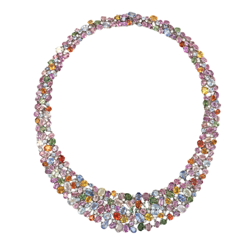 Grey Gold Necklace, Multicolored Sapphires and Diamonds 