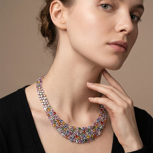 Collier Collier en or gris saphirs multicolores et diamants 58 Facettes OC-63700139