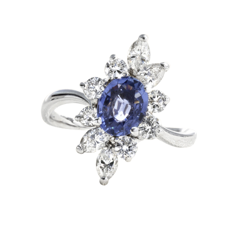Marquise Ring in White Gold, Sapphire and Diamonds 