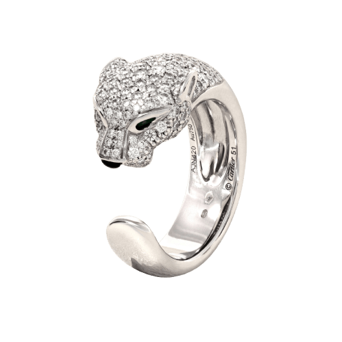 Bague 54 Cartier Panthère - Bague en or gris, émeraudes et diamants 58 Facettes 61E00495