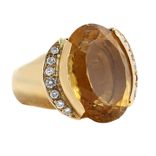 Anillo de oro amarillo, citrina y diamantes 