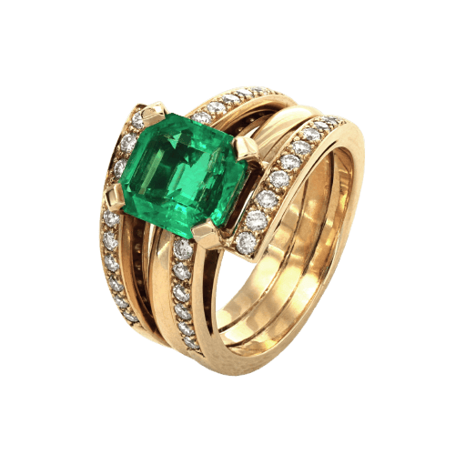 Bague 53 Bague triple en or jaune, émeraude de Colombie et diamants 58 Facettes OC-61300087
