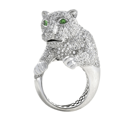 Bague 55 Bague Lionceau en or blanc, diamants et émeraudes 58 Facettes 61E00474