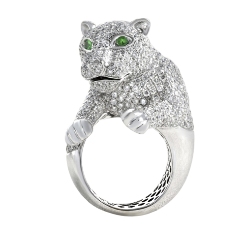 Løveunge-ring i hvidguld, diamanter og smaragder 