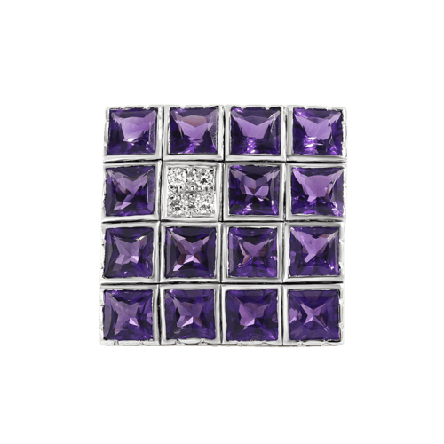 Square Ring in White Gold, Amethyst and Diamonds 