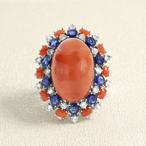 Bague 55 Bague - Corail, saphir et diamants en or gris 750 58 Facettes 61E00408