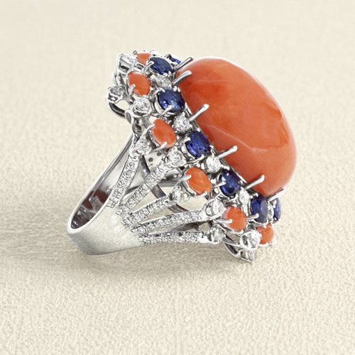 Bague 55 Bague - Corail, saphir et diamants en or gris 750 58 Facettes 61E00408
