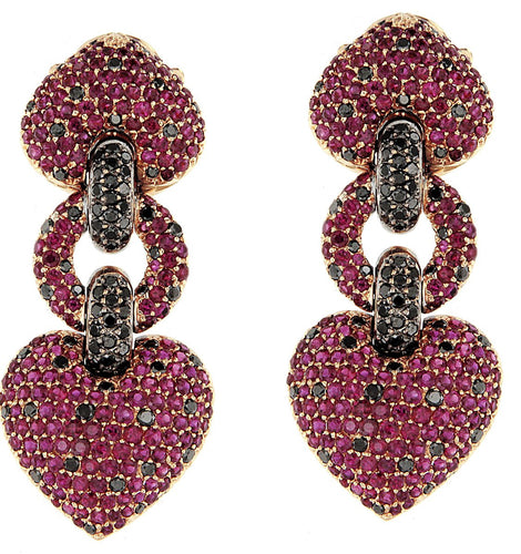 Boucles d'oreilles Boucles d'oreilles Cœur en or jaune, rubis et diamants noirs 58 Facettes 66000095