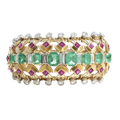 Bracelet Bracelet 1940 en or jaune, émeraudes de Colombie, diamants et rubis 58 Facettes 62800060