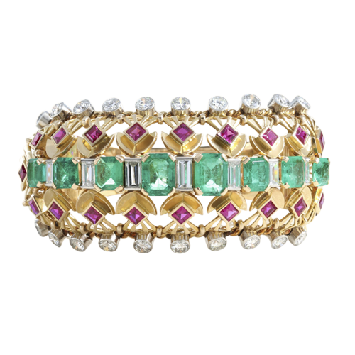 Bracelet 1940 Yellow Gold, Colombian Emeralds, Diamonds and Rubies