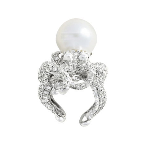 Bague 50 Bague pieuvre en or blanc, perle de culture et diamants 58 Facettes 61400017