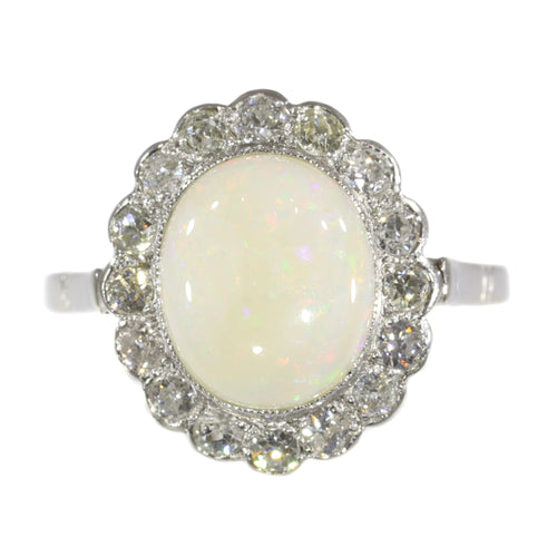 Bague 57 Bague de fiançailles vintage en platine avec diamants et opale 58 Facettes 21019-0035