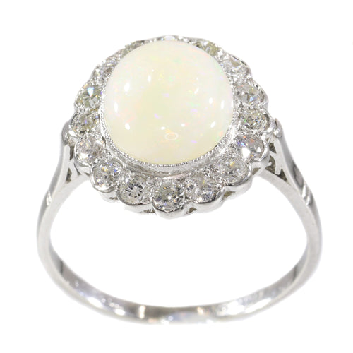 Bague 57 Bague de fiançailles vintage en platine avec diamants et opale 58 Facettes 21019-0035