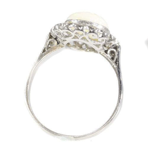 Bague 57 Bague de fiançailles vintage en platine avec diamants et opale 58 Facettes 21019-0035