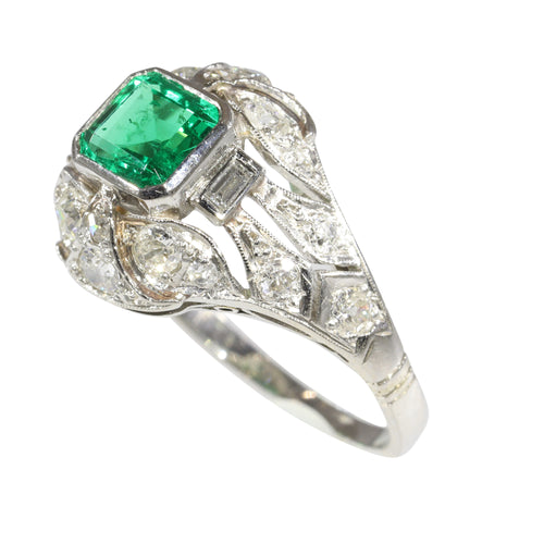 Bague 59 Bague de fiançailles vintage 1920 en platine, émeraude colombienne et diamants 58 Facettes 16144-0061