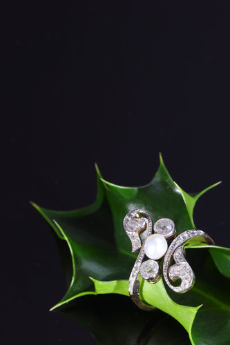 Bague 56 Belle Époque - Bague de fiançailles en or 18K bicolore, diamants et perle 58 Facettes 18054-0231