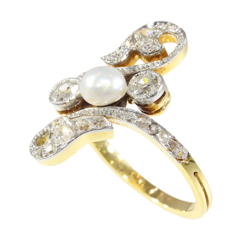 Bague 56 Belle Époque - Bague de fiançailles en or 18K bicolore, diamants et perle 58 Facettes 18054-0231