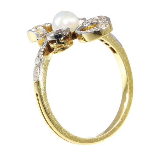 Bague 56 Belle Époque - Bague de fiançailles en or 18K bicolore, diamants et perle 58 Facettes 18054-0231