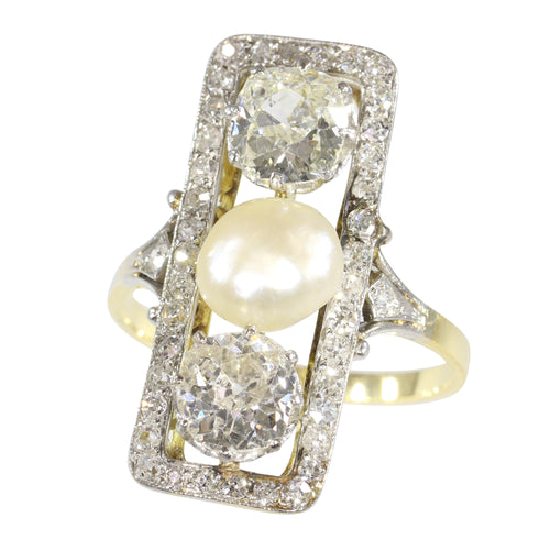 Bague 56 Belle Époque/Art déco - Bague de fiançailles en or jaune 18K, platine, diamants et perle 58 Facettes 19225-0098