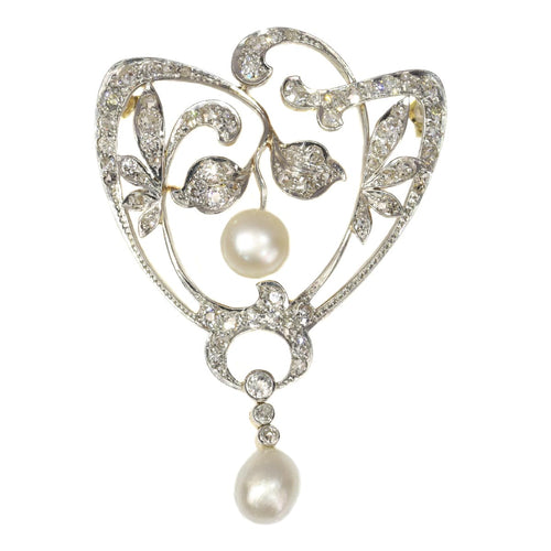 Broche Broche Art nouveau en platine et or jaune 18K, diamants et perles 58 Facettes 20190-0105