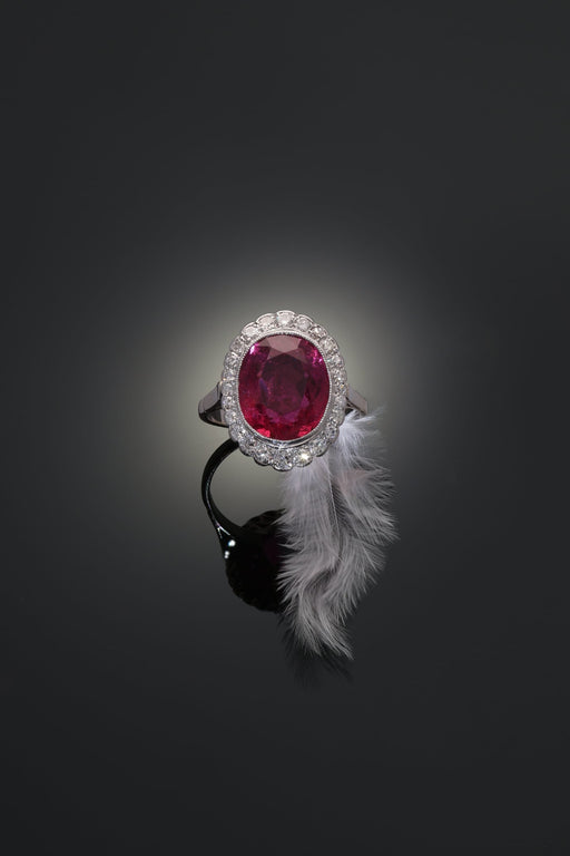 Bague 61 Bague de fiançailles vintage en or 18K bicolore, rubellite 7,09 ct et diamants 58 Facettes 21081-0285