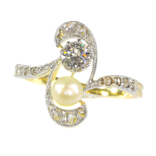 Bague 52 Bague de fiançailles Art nouveau en or 18K, diamants et perle 58 Facettes 21285-0669