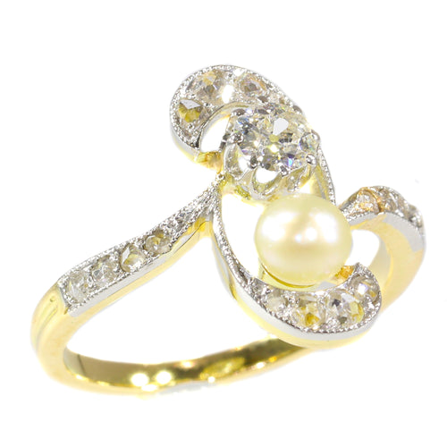 Bague 52 Bague de fiançailles Art nouveau en or 18K, diamants et perle 58 Facettes 21285-0669