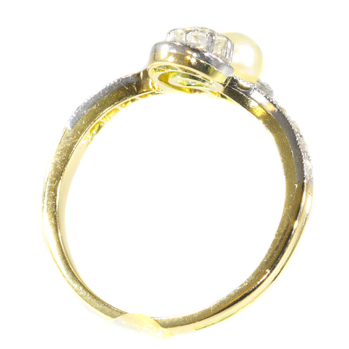 Bague 52 Bague de fiançailles Art nouveau en or 18K, diamants et perle 58 Facettes 21285-0669