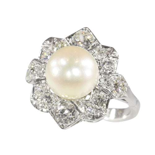 Bague 50 Bague Art déco belge en platine avec diamants et perle de culture 58 Facettes 22132-0317
