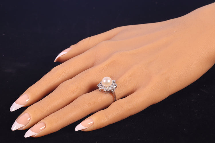 Bague 50 Bague Art déco belge en platine avec diamants et perle de culture 58 Facettes 22132-0317