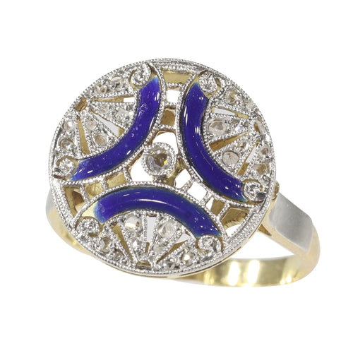 Bague 50 Bague Art déco vintage en or jaune 18K, diamants et émail bleu 58 Facettes 22236-0281