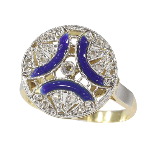 Bague 50 Bague Art déco vintage en or jaune 18K, diamants et émail bleu 58 Facettes 22236-0281