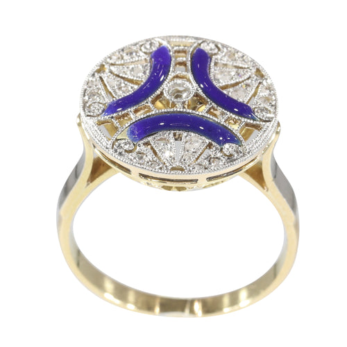 Bague 50 Bague Art déco vintage en or jaune 18K, diamants et émail bleu 58 Facettes 22236-0281
