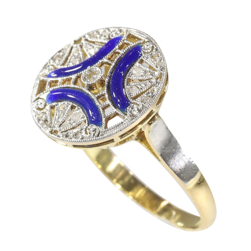 Bague 50 Bague Art déco vintage en or jaune 18K, diamants et émail bleu 58 Facettes 22236-0281